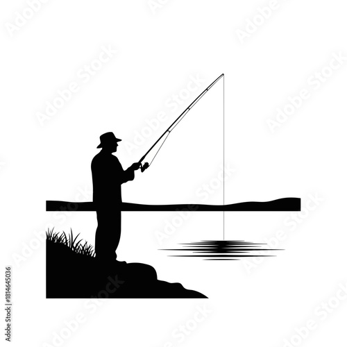 Silhouette of a person fishing by the water with a fishing rod, standing on the shore, isolated on