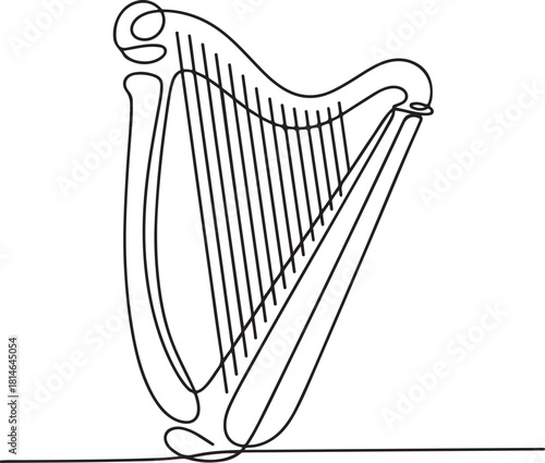 Continuous line art illustration of elegant curved harp shape with handmade contour