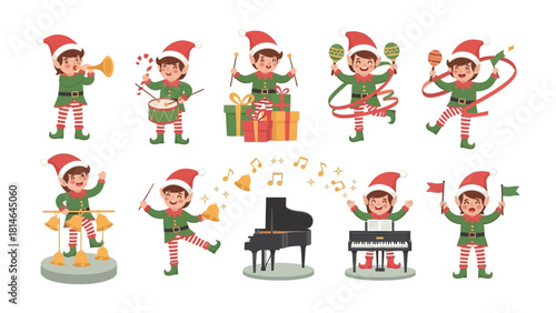 Festive Elf Musicians: A whimsical ensemble of Christmas elves joyfully playing a variety of musical instruments, evoking the merry spirit of the holiday season.
