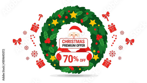 Festive Cheer: Santa's Premium Christmas Offer: Santa Claus holds a sign offering a generous discount of 70% off, surrounded by a vibrant Christmas wreath and festive ornaments.
