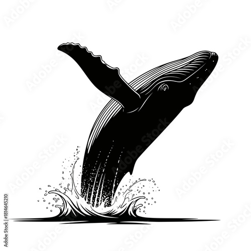 Black and white illustration of a whale breaching out of the water with a splash, isolated on