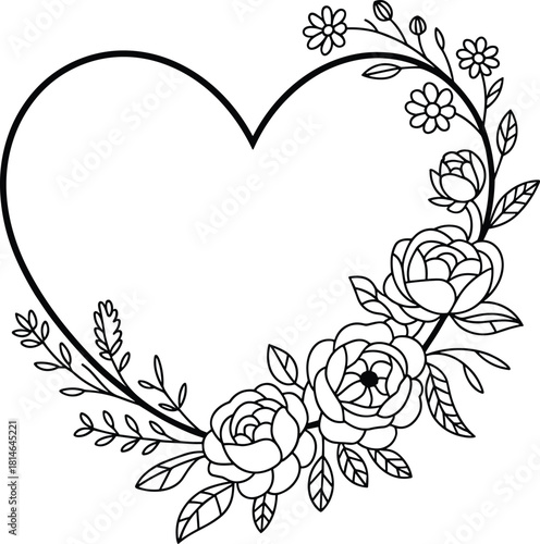 Heart shaped floral frame with roses and daisies flowers