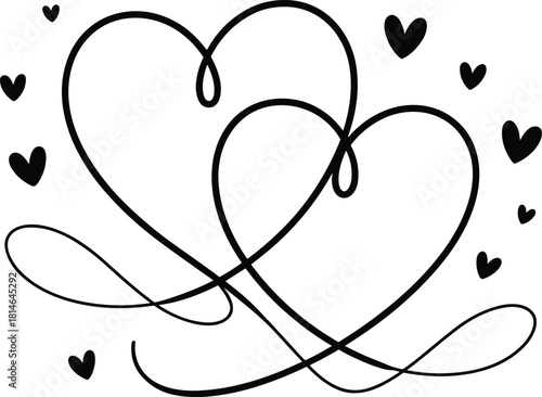 Two intertwined black hearts with small hearts love