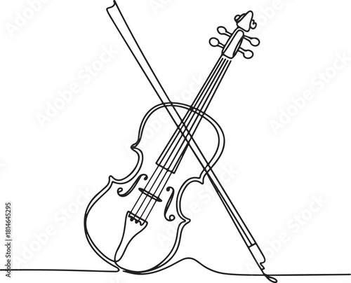 Continuous line art illustration of elegant violin and bow crossing softly with handmade contour