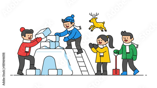 Winter Wonderland Creation: A group of children collaboratively constructing an igloo amidst a snowy scene. Playful interactions and winter spirit.