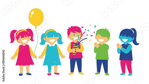 Kids' Joyous Celebration: A vibrant illustration depicts five cheerful kids, smiling and celebrating with confetti and a balloon, capturing the essence of childhood happiness and excitement.