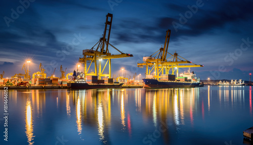Night view of a harbor with cranes and ships.