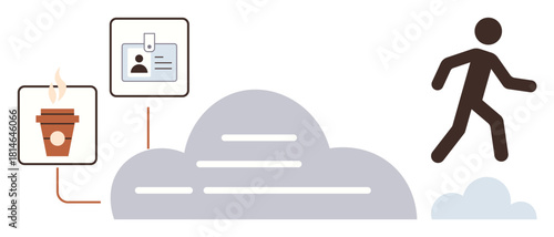 Silhouette figure walking on clouds with linked coffee cup and ID badge, implying new beginnings. Ideal for career growth, aspirations, opportunities, networking, work-life balance, productivity