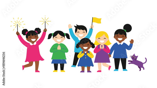 Joyful Children Celebration: A group of diverse children are together for festival, each filled with wonder and excitement, some are holding fireworks, and creating a vibrant and heartwarming scene. 