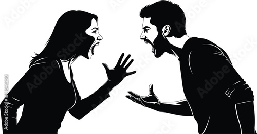 Argument silhouette illustration—black-and-white emotional confrontation between two figures for expressive and relational visuals