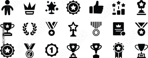 Success, Award, and Achievement Icons: Trophy, Star Medal, Crown, Certification, and Quality Ranking Symbols Vector Graphics Set