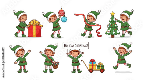 Joyful Christmas Elves at Work: A collection of cheerful elves bustling with holiday preparations, showcasing gifts and decorating. Illustrating the magic of the season.
