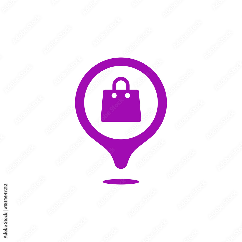 Obraz premium Purple shopping bag icon inside a location pin symbol isolated on transparent background