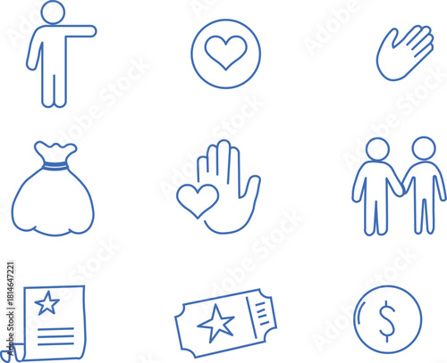 Charity donation and volunteer line icons set for social support community service and nonprofit designs