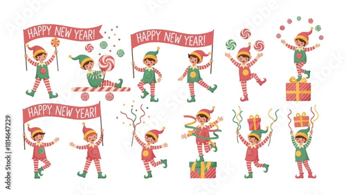 Festive Elf Collection: a collection of whimsical elves is in a joyful celebration. Ideal for holiday-themed projects.