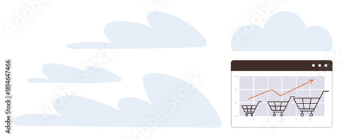 Browser window showing graph of increasing sales with shopping carts below, symbolizing online retail progress. Ideal for business, growth, e-commerce, analytics, marketing, strategy