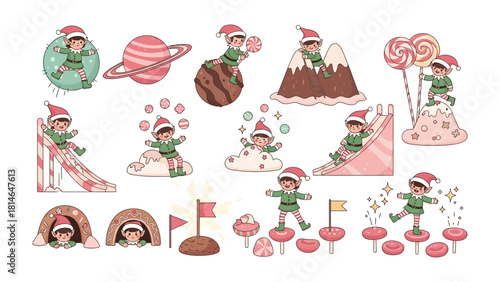 Christmas Elves Playtime: A collection of adorable Christmas elves are happily interacting with magical elements, in this whimsical and festive illustration.
