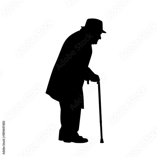 Silhouette of an elderly man leaning on a cane, wearing a hat and coat, standing alone
