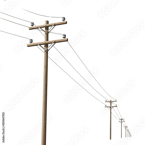 Utility pole with electrical wires and insulators in a row on a
