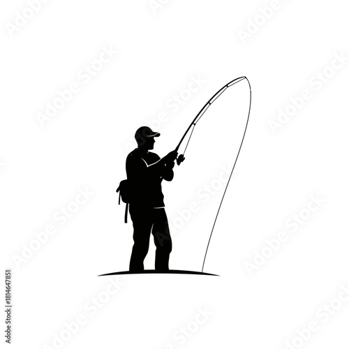 Silhouette of a fisherman casting a fishing rod, standing on the shore, isolated on