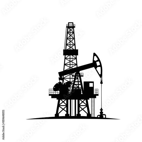 Black silhouette of an oil drilling rig with a pump jack, isolated on