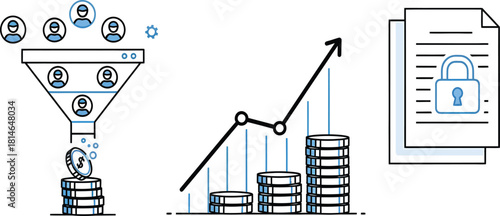 Digital sales funnel with financial growth chart and secure document illustration
