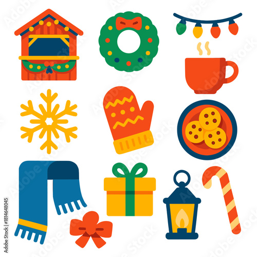 Festive Village Icons. Christmas Village flat icon set : market hut, pine wreath, festive lights, hot drink, snowflake, wool glove, cookie plate, ribbon bow, knitted scarf, wrapped