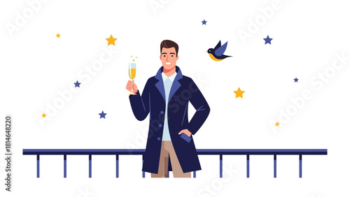 Celebration with champagne: A man in a dark coat and trousers holds a glass of champagne in celebration, stars and a bird add to the festive atmosphere. 