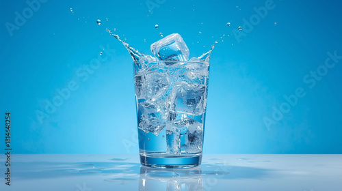 A Refreshing Splash of Cold Clear Water with Ice Cubes Falling into a Transparent Glass on a Bright Blue Background for Health, Hydration, and Purity Concepts Stock Photo