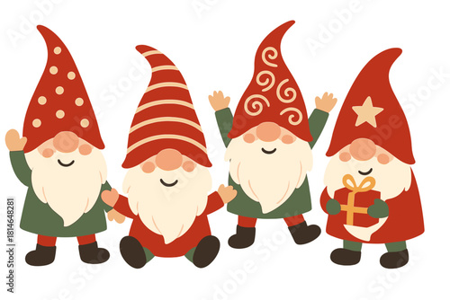 Festive Gnome Gathering. Arrangement of gnome figurines in various poses, each wearing a distinctive red hat with unique patterns. The gnomes are grouped together,. Vector illustration