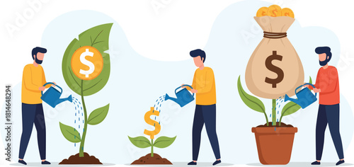 People watering money plants to symbolize financial growth and investment success
