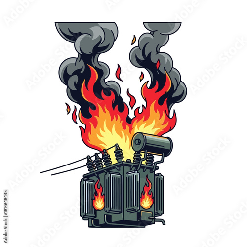 Burning electrical transformer with flames and smoke coming out of it, vector illustration