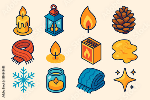 Winter Candle Icon Set. Winter Candle Glow flat icons set. wax drip, frosty lantern, candle flame, pinecone, wool scarf, glowing wick, matchbox, melted wax, snowflake, candle jar