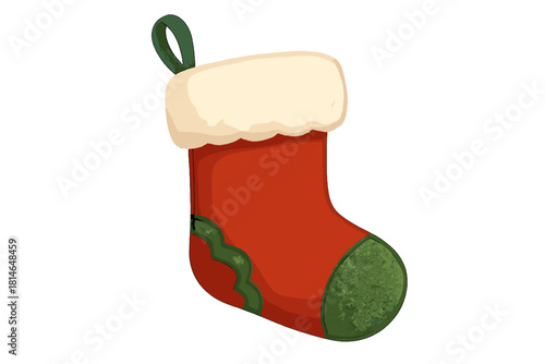 Festive Christmas Stocking. A festive Christmas stocking with a plush white top, vibrant red body, and playful green accents. The stocking is slightly angled,. Vector illustration