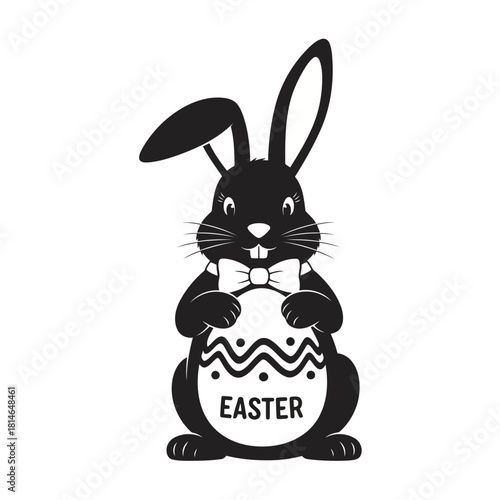 Black and white cartoon easter bunny holding an easter egg with the word easter on it