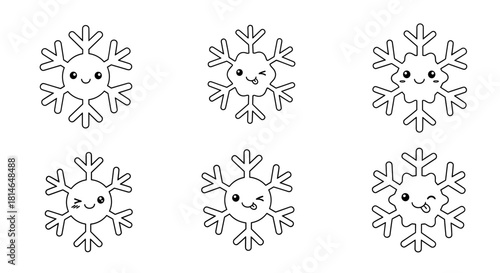 Cute snowflake characters with smiling faces in black outline  