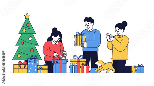 Holiday Gift Giving: A heartwarming holiday scene unfolds as a family prepares for the festive season. They are gathered around, exchanging gifts.
