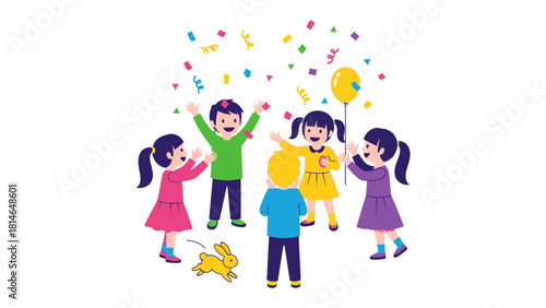Festive Childhood Celebration: Capture the unbridled joy of a group of children at a colorful party, celebrating with confetti and a cheerful balloon, embodying the essence of youthful delight.