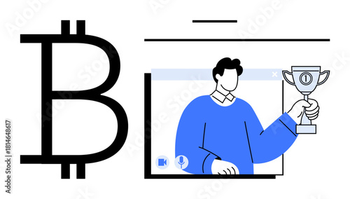 Bitcoin symbol next to a person holding a trophy in a video call window. Ideal for cryptocurrency rewards, online competitions, blockchain innovation, virtual achievements, fintech, digital currency