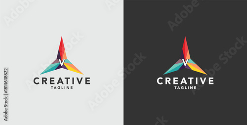 Digital colorful abstract icons, elements and symbols with initial V logo, template