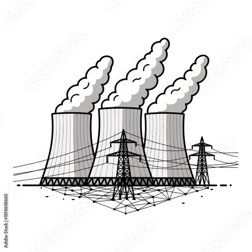 Industrial power plant with cooling towers and electricity pylons emitting smoke, vector illustration
