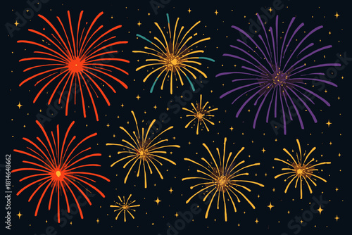 New Year's Fireworks. The festive scene features an array of colorful fireworks against a starry night background, creating a sense of celebration and wonder. The. Vector illustration