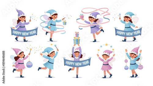 Whimsical Fairy Celebrations: A collection of delightful fairies in vibrant attire, each embracing a unique and festive celebration for a happy new year. They radiate joy.