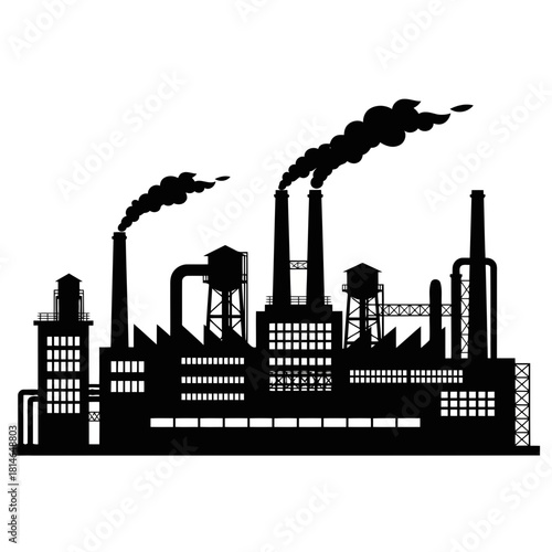 Black and white illustration of industrial factory with multiple buildings and chimneys emitting smoke