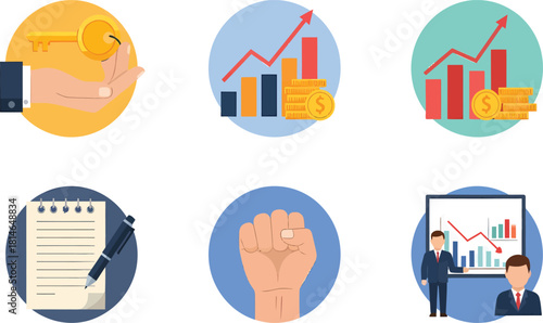 Business icons showing financial growth key success planning and motivation
