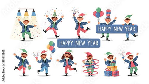 New Year's Celebration Elves: Playful elves dressed in festive attire revel in a jubilant celebration, adorned with confetti and joy. A visual representation of holiday spirit.