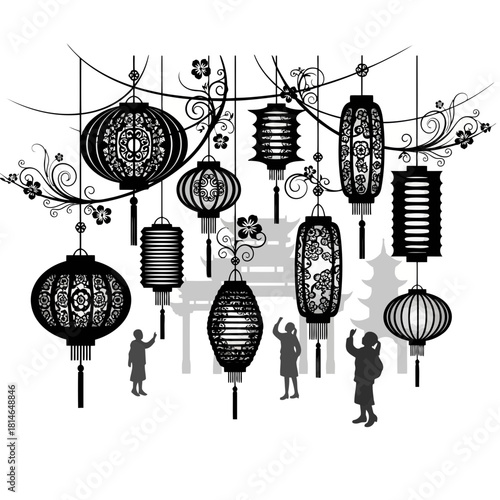 Illustration of various traditional lanterns hanging from strings with silhouettes of people looking up at them