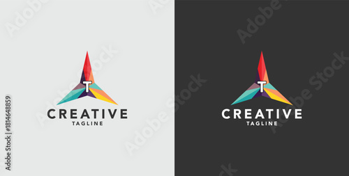 Digital colorful abstract icons, elements and symbols with initial T logo, template