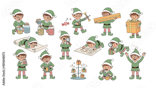 Whimsical Elf Collection: A collection of charming, cartoonish elf figures engages in various activities. Delightful illustration for holiday-themed designs.