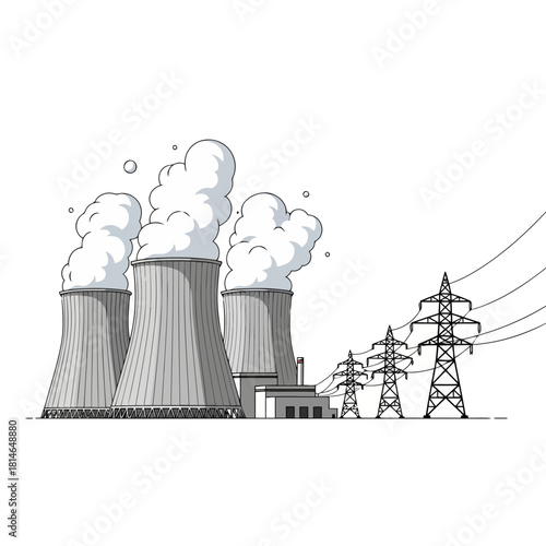 Nuclear power plant with cooling towers and power lines illustration